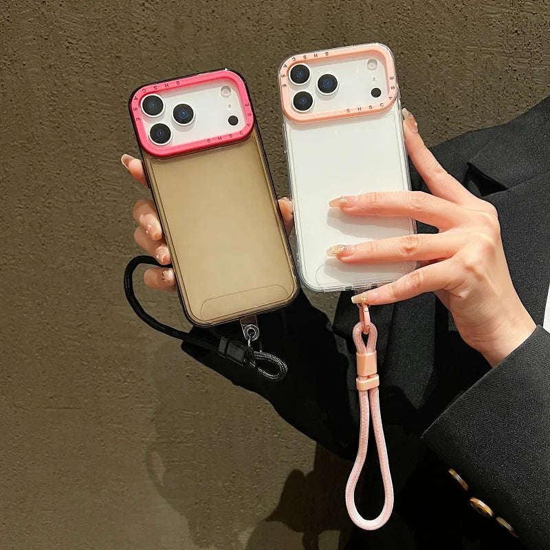 Luxury Shockproof Armor Clear Case for iPhone 17 Air 16 15 14 Plus 13 12 11 Pro Max XR XS 8 Hit Color Wrist Strap Lanyard Cover