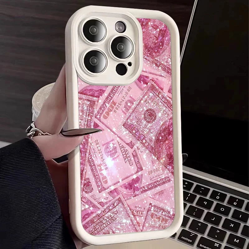 Pink Dollars Full-Coverage Banknote Design Silicone Phone Case For iPhone 16 15 14 13 12 11 Pro Max X XS XR 7 8 Plus Cover