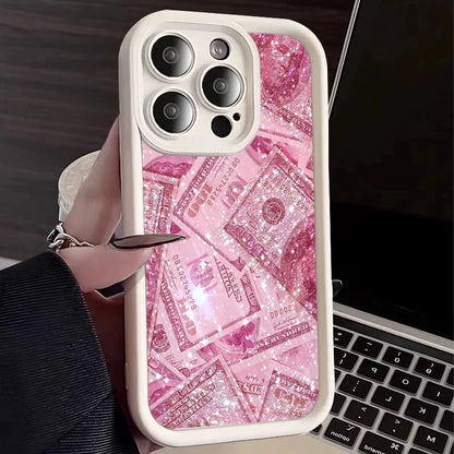 Pink Dollars Full-Coverage Banknote Design Silicone Phone Case For iPhone 16 15 14 13 12 11 Pro Max X XS XR 7 8 Plus Cover