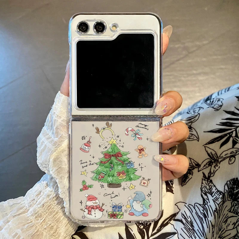 Christmas Tree Snowflake Phone Case For Samsung Galaxy Z Flip 7 FE 6 5 4 3 5G Hard Clear Folding Cover For Samsung Z Flip5 Flip4