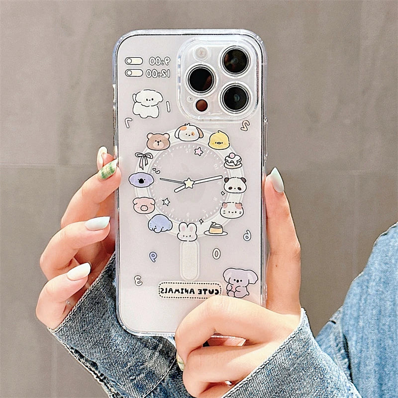 Cute Cartoon Animal Dog Cat Magsafe Clear Phone case For iPhone 11 12 13 14 15 16 Pro Max Plus Wireless Charging Magnetic Cover