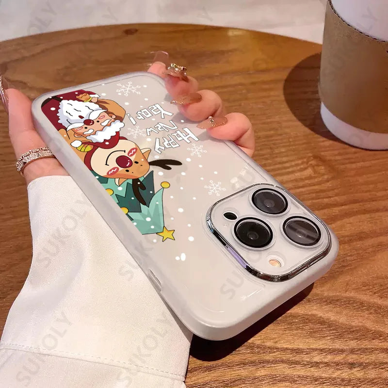 Christmas Case For iPhone 15 14 Pro Max 12 13 Pro Max 11 16 Luxury Lens Protector Shockproof Soft Cover Santa Claus Elk Snowman