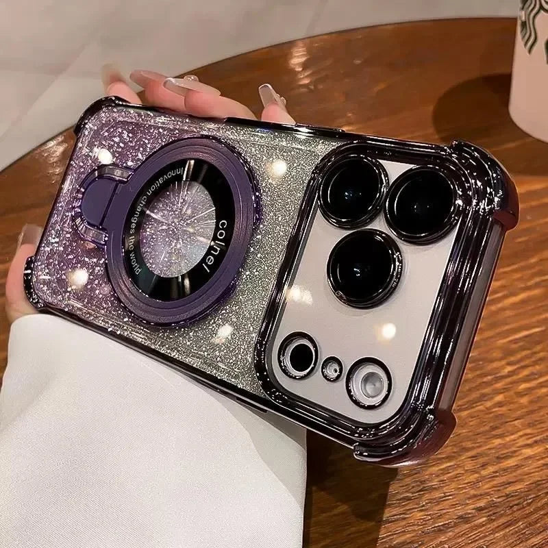 Plating for Magsafe Glitter Bracket Case for iPhone 17 16 15 Pro Max 14 Plus Air 11 12 13 Gradient Stand Airbag Shockproof Cover