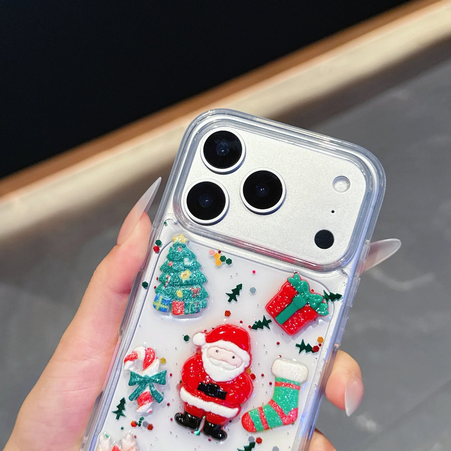 Epoxy Christmas Father Santa Claus Clear Phone Case for iPhone Air 13 14 15 16 17 Pro Max 3D Cute Xmas Tree Socks Elk Deer Cover