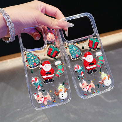 Epoxy Christmas Father Santa Claus Clear Phone Case for iPhone Air 13 14 15 16 17 Pro Max 3D Cute Xmas Tree Socks Elk Deer Cover