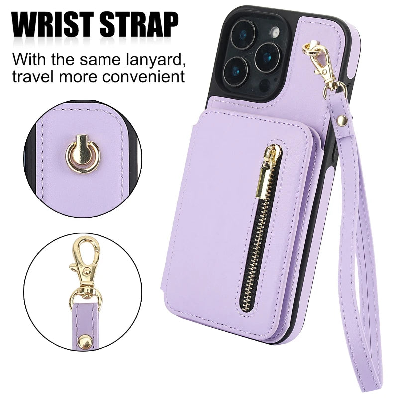 Card Slots Zipper Leather Wallet Case Flip Phone Case for IPhone 11 12 13 14 15 16 17 Pro Max Plus Promax 16e Ring Lanyard Purse