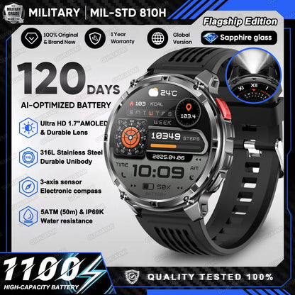 2026 New T-Rex 3 Ultra 1100mAh Military Smart Watch Men 5ATM Waterproof 1.7" AMOLED Screen Bluetooth Call Compass LED Flashlight