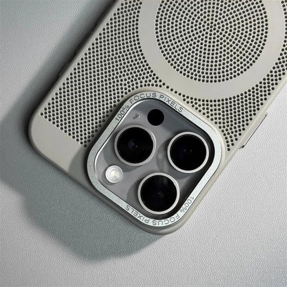 Honeycomb Grid Hole MagSafe Case for iPhone 16 15 Pro Max 14 Alloy Lens Summer Heat Dissipation Magnetic Back Cover PC Shell