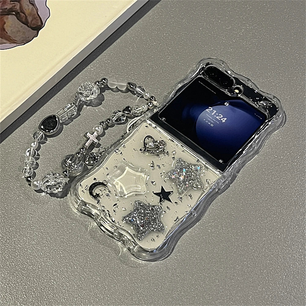Korean 3D Glitter Star Clear Phone Case For Samsung Galaxy Flip 7/6 Flip5 Flip4 Flip3 Epoxy Cover Wavy Border Protective Cover