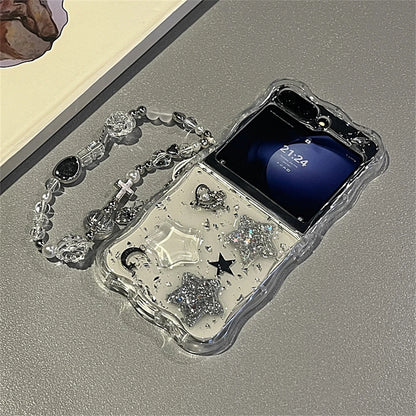 Korean 3D Glitter Star Clear Phone Case For Samsung Galaxy Flip 7/6 Flip5 Flip4 Flip3 Epoxy Cover Wavy Border Protective Cover