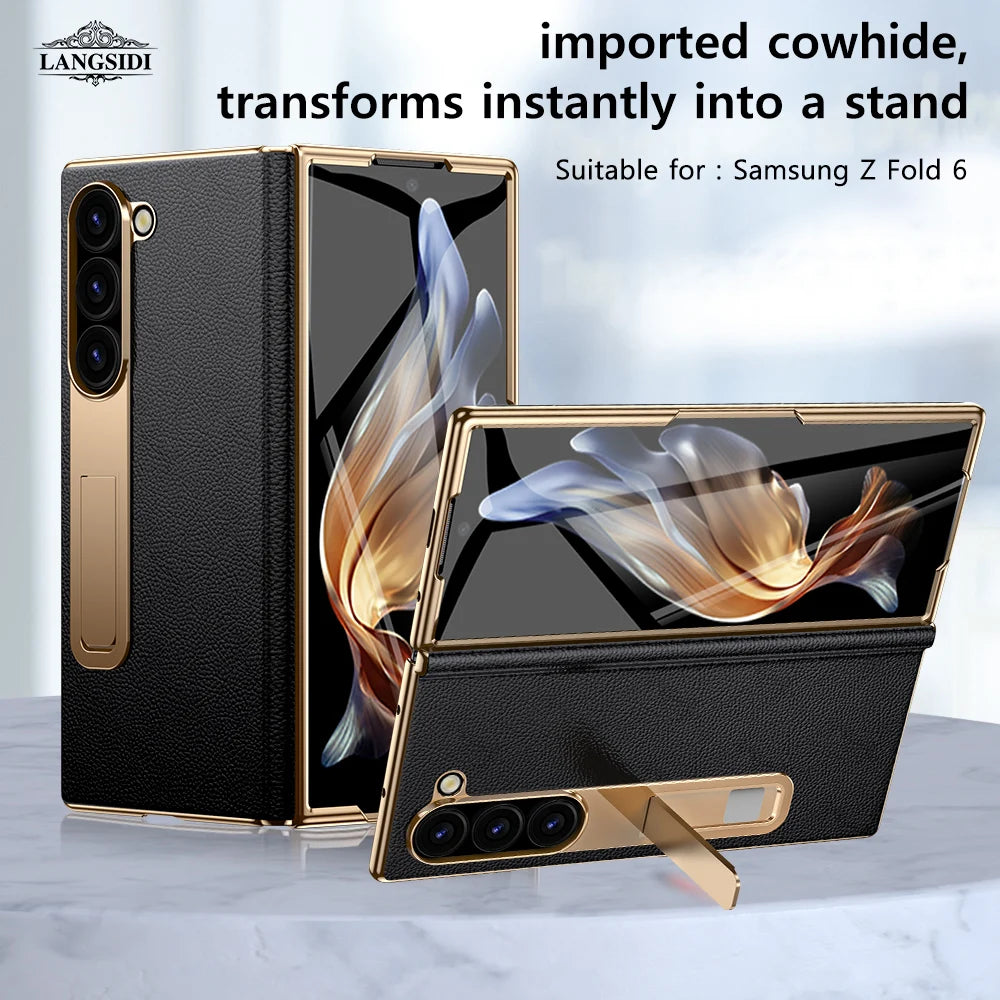 LANGSIDI Brand Luxury Genuine Leather Shockproof Case for Samsung Galaxy Z Fold 3 4 5 6 Magnetic Hinge Protective Stand Cover