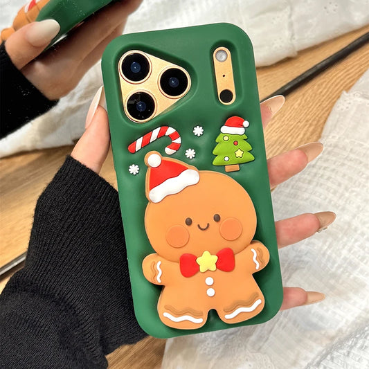 Cartoon Cute Christmas Gingerbread Man Bracket Silicone Phone Case For iPhone 17 Pro Max Air 16 15 14 13 Holder Stand Back Cover