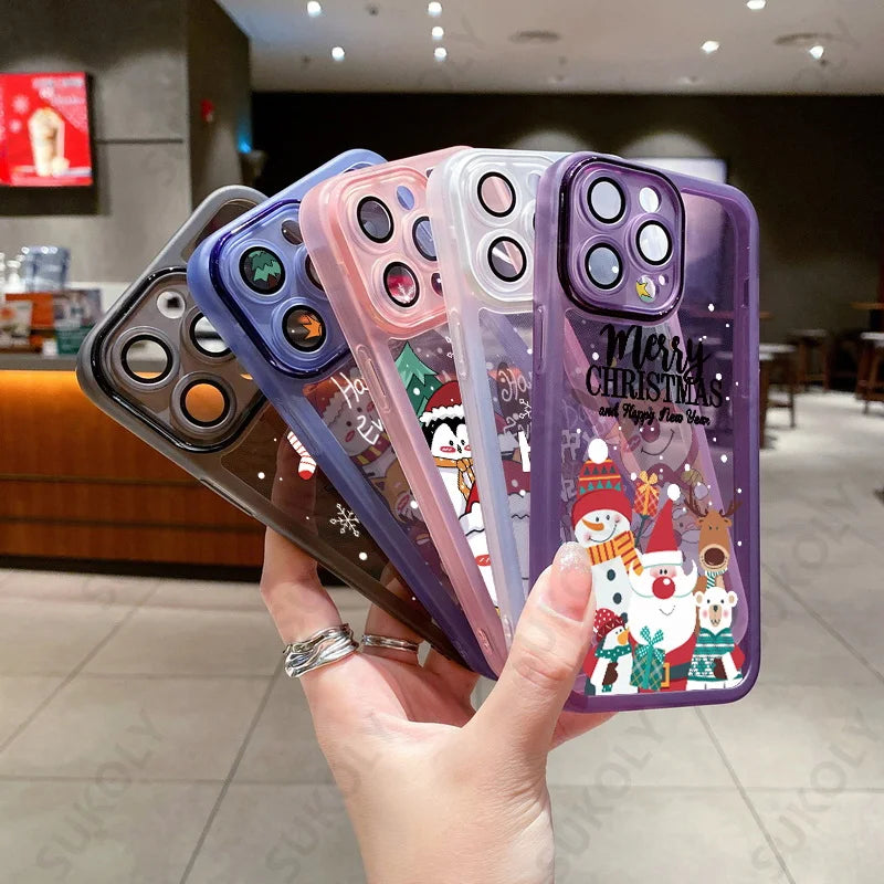 Christmas Case For iPhone 15 14 Pro Max 12 13 Pro Max 11 16 Luxury Lens Protector Shockproof Soft Cover Santa Claus Elk Snowman