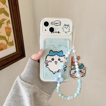 Cute Cartoon Japan Anime Chiikawa Card Wallet Pocket Phone Case For iPhone 16 15 14 13 12 11 Pro Max Cover With Lanyard
