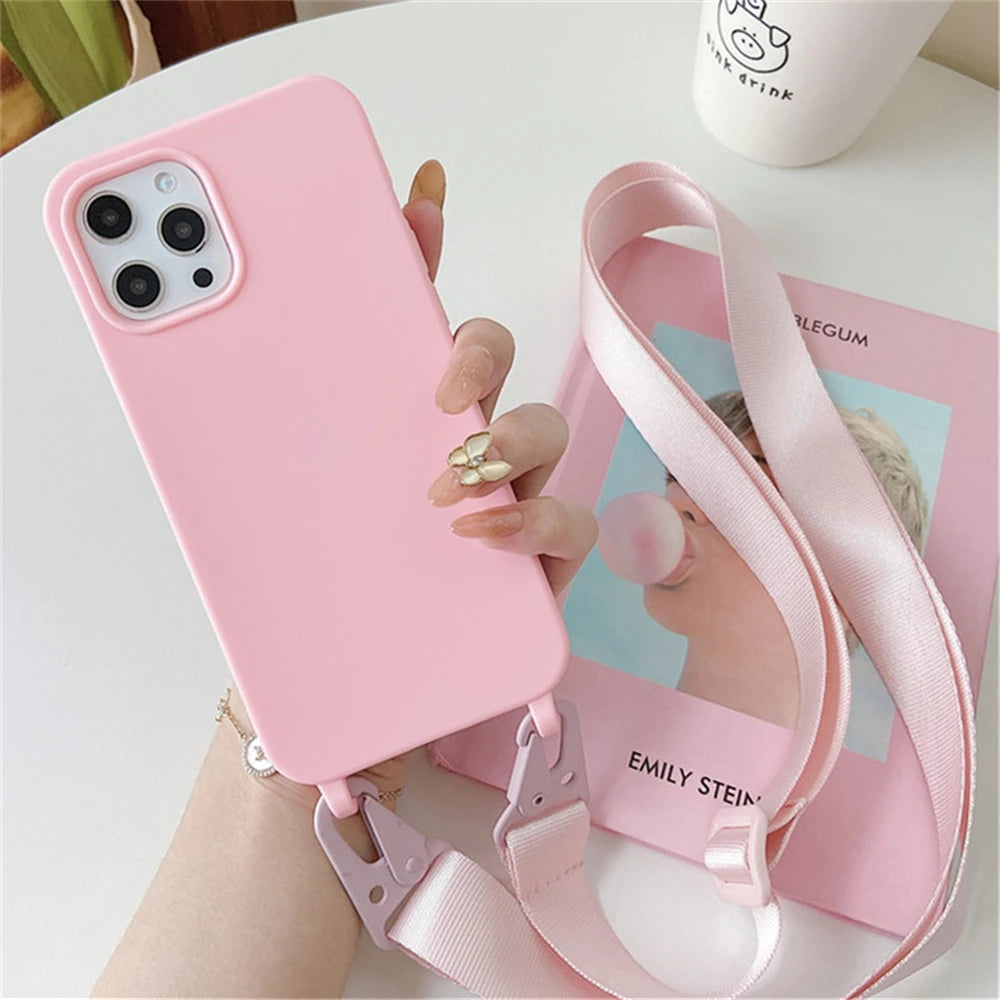 Crossbody Necklace Strap Lanyard Matte Silicone Case For iPhone 17 16 15 14 Pro Max 11 12 13 XR X XS 8 Plus SE Shockproof Cover