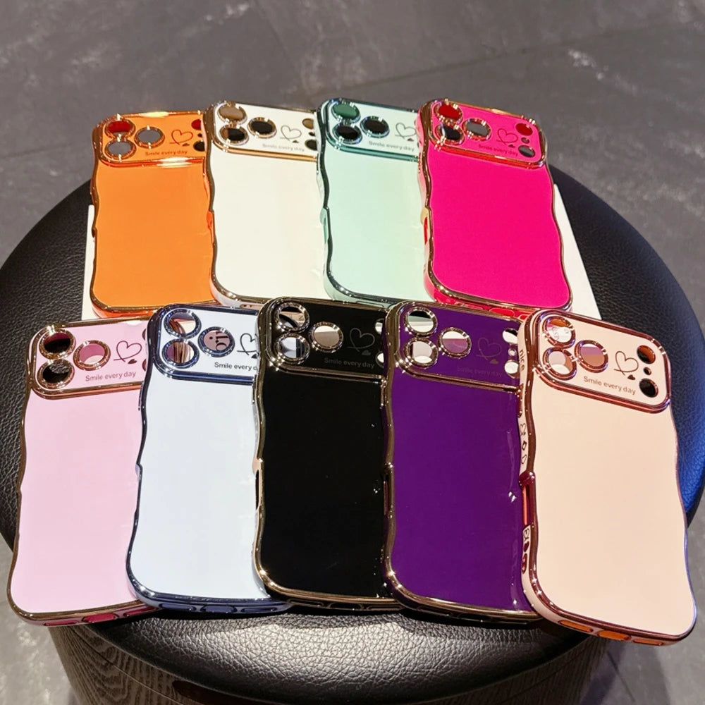 Luxury Plating Love Heart Wavy Border Phone Case For iPhone 17 16 15 14 13 12 11 Pro Max Plus 16E Air Shockproof Bumper Cover