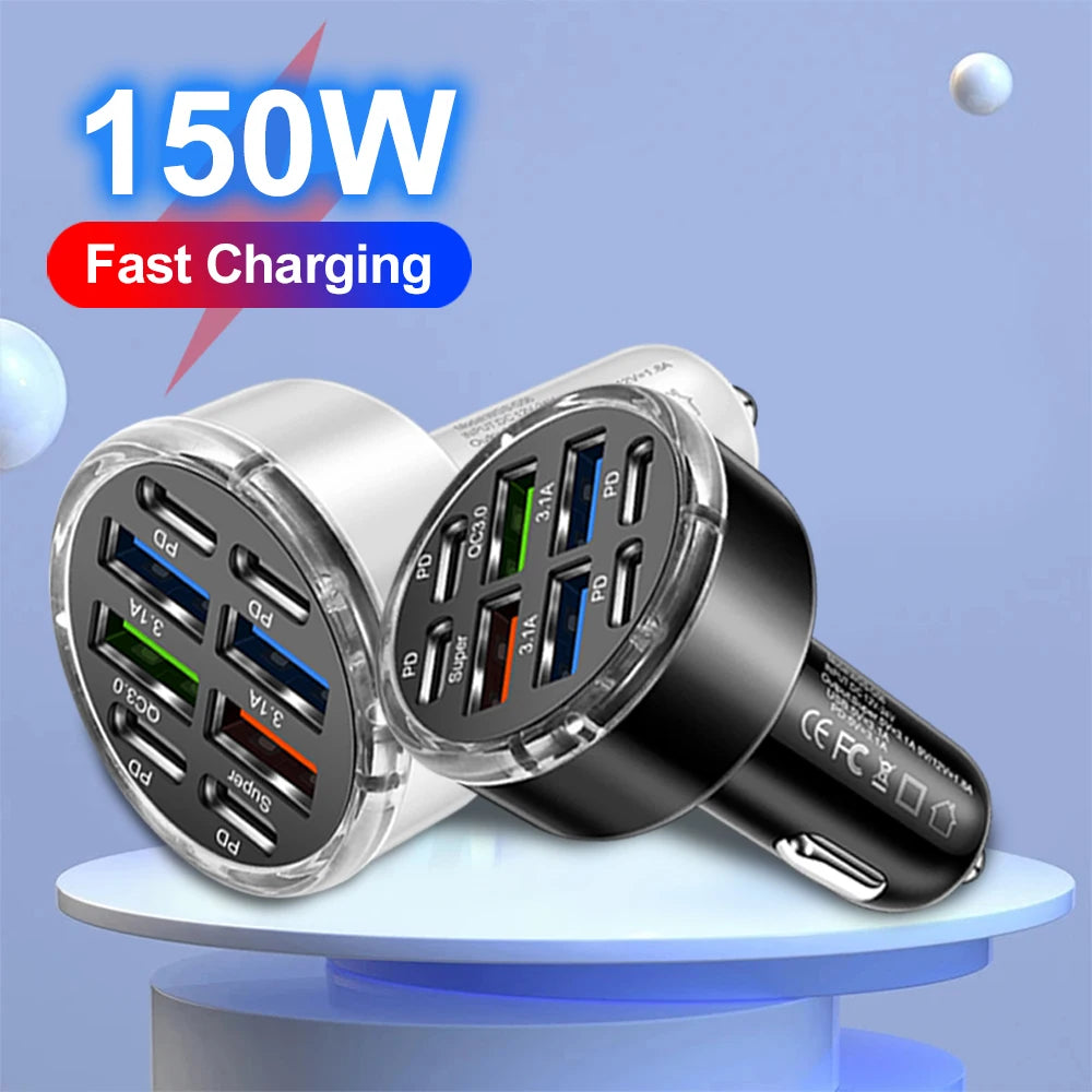 150W 8 Ports Car Charger Fast Charging PD QC3.0 USB C Car Phone Charger Type C Adapter in Car For iPhone Samsung Huawei Xiaomi