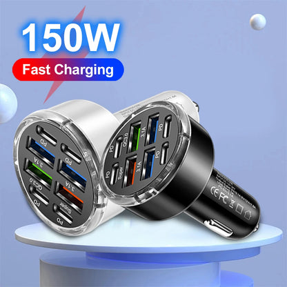 150W 8 Ports Car Charger Fast Charging PD QC3.0 USB C Car Phone Charger Type C Adapter in Car For iPhone Samsung Huawei Xiaomi