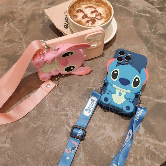 3D Cartoon Stitch Cases Crossbody Strap Wallet Lipstick Bag Phone Case for iPhone 16 15 14 Plus 13 12 11 Pro Max 16ProMax 16plus