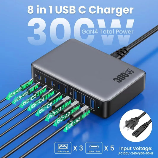 New 300W 8-port fast charging station type-c charger Multi-port USB mobile phone charger Convenient charger Home Office Travel