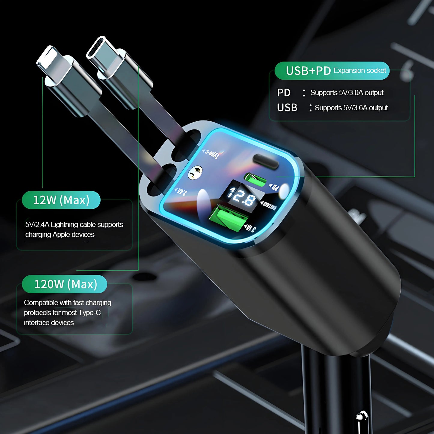 5 in 1 Retractable Car Charger with USB C Cable Roof Starlight Car Charger Adapter Compatible for iPhone Huawei Samsung
