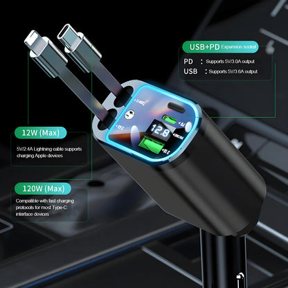 5 in 1 Retractable Car Charger with USB C Cable Roof Starlight Car Charger Adapter Compatible for iPhone Huawei Samsung