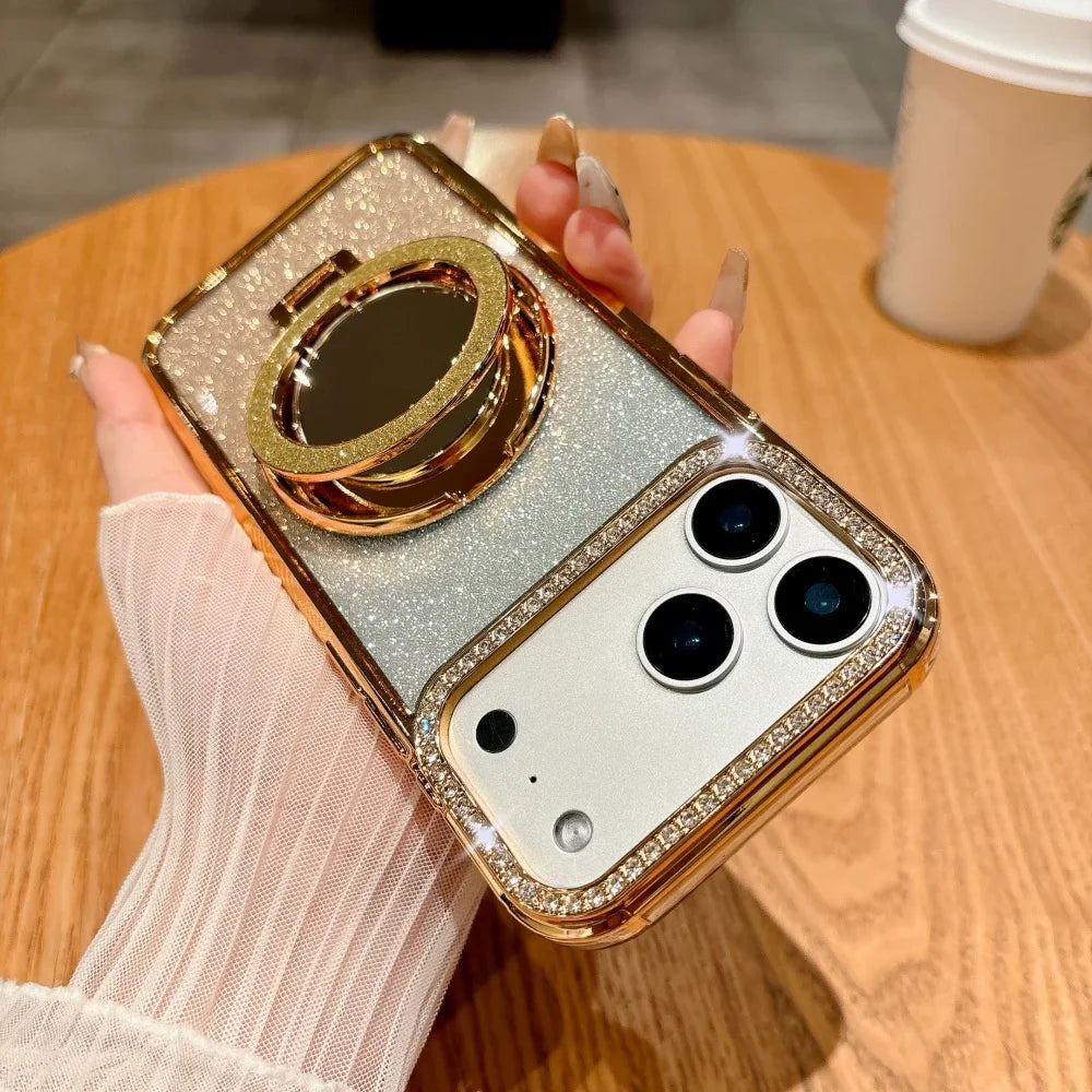 Luxury Diamonds Mirror Bracket Magsafe Case For iPhone Air 17 Pro 16 15 14 13 12 11 Pro Max Plus Gradient Glitter Magnetic Cover