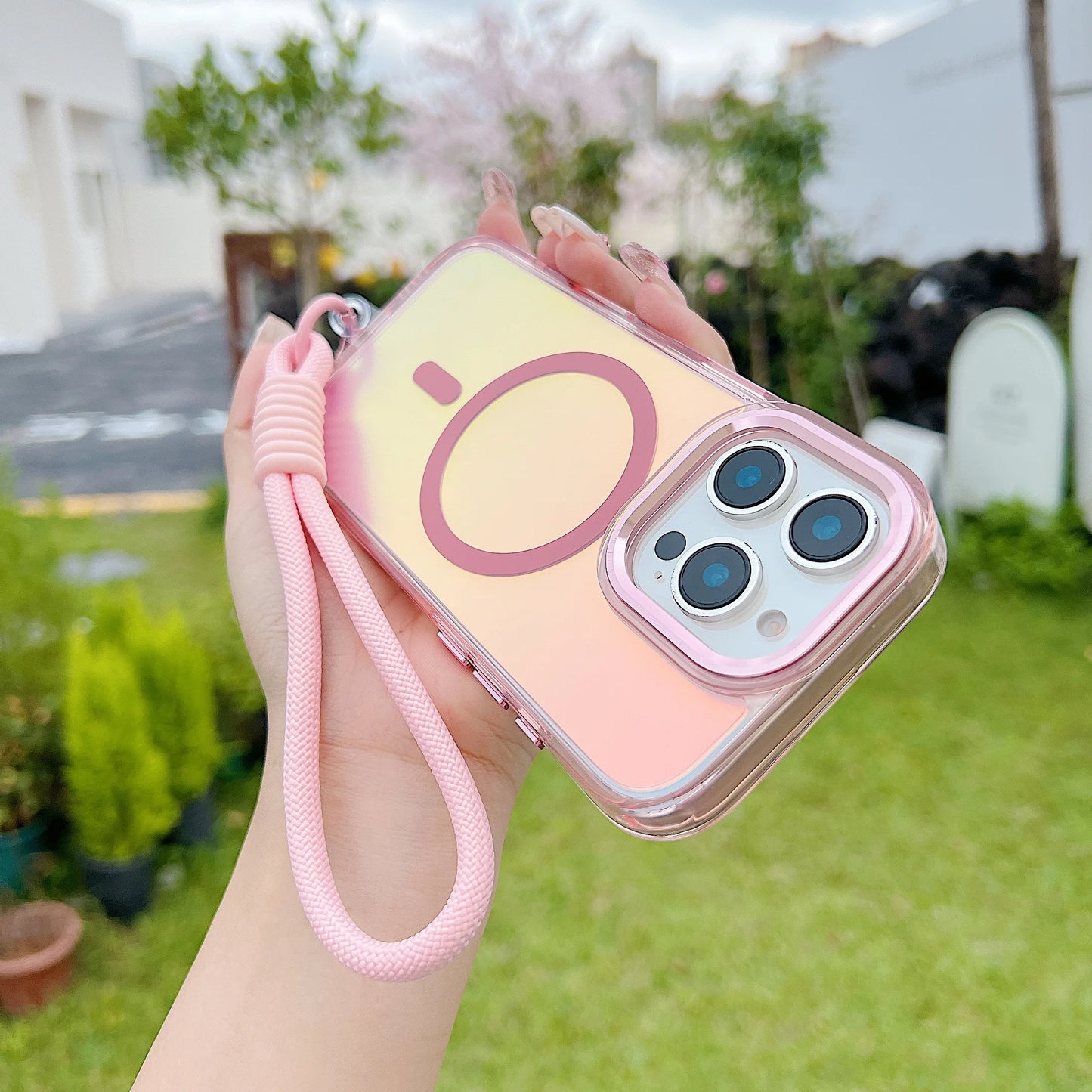 Fashion Laser Gradient Magnetic Lanyard Shockproof Case for iPhone 17 Air 16 15 14 13 11 12 Pro Max Plus E For Magsafe Cover