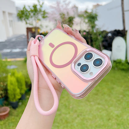 Fashion Laser Gradient Magnetic Lanyard Shockproof Case for iPhone 17 Air 16 15 14 13 11 12 Pro Max Plus E For Magsafe Cover