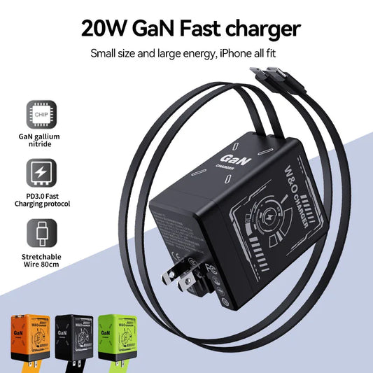 W&O GaN Fast Charging 20W Cable Type C and Lightning Liquid Silicone Cable for iPhone 14 15 Pro Max Xiaomi Realme Redmi ﻿