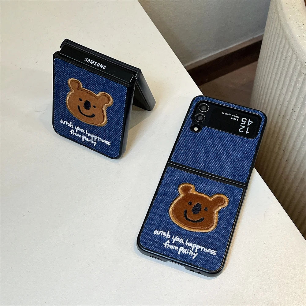 Embroidery Rabbit Bear Cloth Fabric Phone Case For Samsung Galaxy Z Fold & Z Flip 7 6 5 4 3 Hard Protection Shell