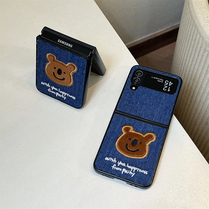 Embroidery Rabbit Bear Cloth Fabric Phone Case For Samsung Galaxy Z Fold & Z Flip 7 6 5 4 3 Hard Protection Shell