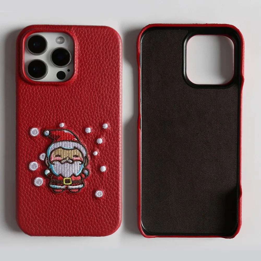Christmas Santa Claus Embroidered Genuine Leather Phone Case For iphone 16 Pro Max 15 14 13 12 11 Coque Shockproof Funda Carcasa