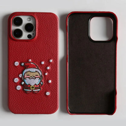 Christmas Santa Claus Embroidered Genuine Leather Phone Case For iphone 16 Pro Max 15 14 13 12 11 Coque Shockproof Funda Carcasa