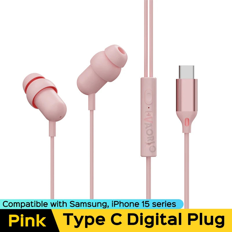 VAORLO 3.5MM AUX /Type C Digital Chip Wired Sleeping Earphones With Microphone Wire Control In Ear Headset For Samsung iPhone 15