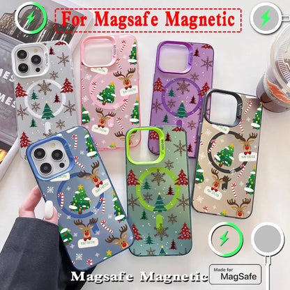 Christmas Pattern Magsafe Magnetic Case for iPhone 11 12 13 14 15 16 Pro Max Plus Soft Silver Plated Anti Fall Cover
