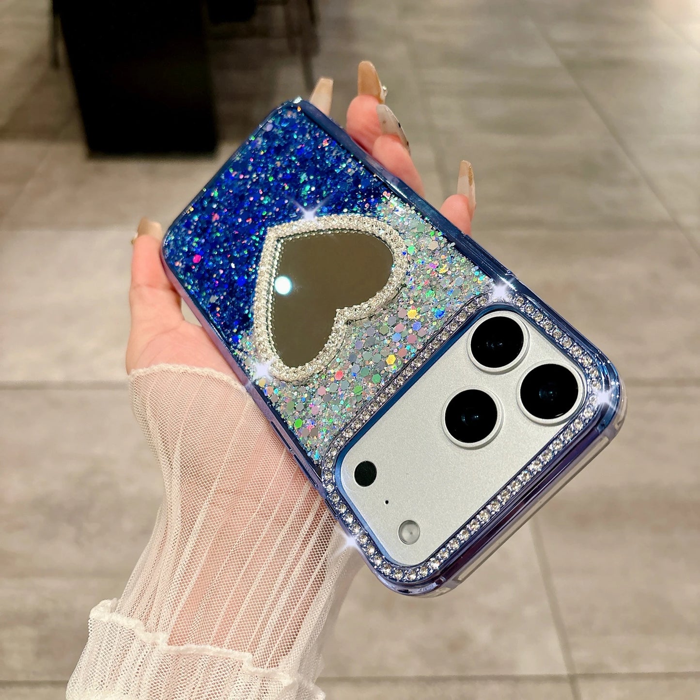 Luxury Diamond Love Heart Mirror Phone Case for iPhone 17 Air 16 15 14 13 Pro Max 17Pro Girls Gradient Shiny Plating Soft Cover