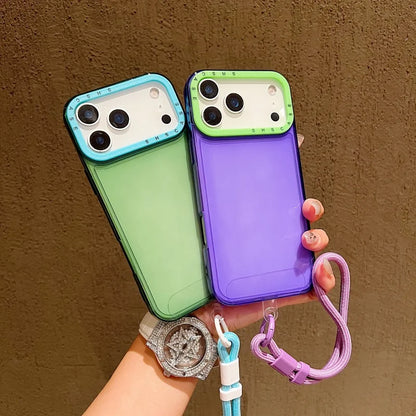 Luxury Shockproof Armor Clear Case for iPhone 17 Air 16 15 14 Plus 13 12 11 Pro Max XR XS 8 Hit Color Wrist Strap Lanyard Cover