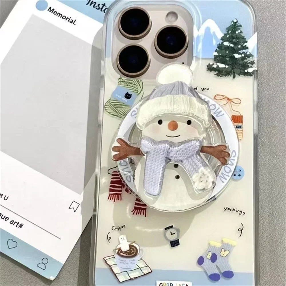 Cute Christmas 3D Snowman Quicksand Cartoon for Magsafe Griptok Holder Phone Finger Ring Stand Support for IPhone17 Girl Bracket