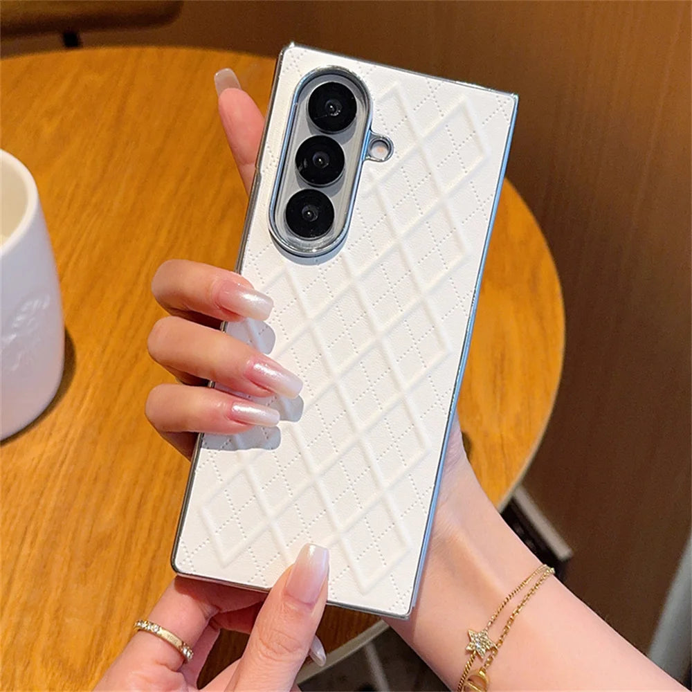 Luxury Lattice Leather Plating Phone Case For Samsung Z Fold 7 6 5 4 3 2 5G Shockproof Bumper Protection Solid Color Back Cover