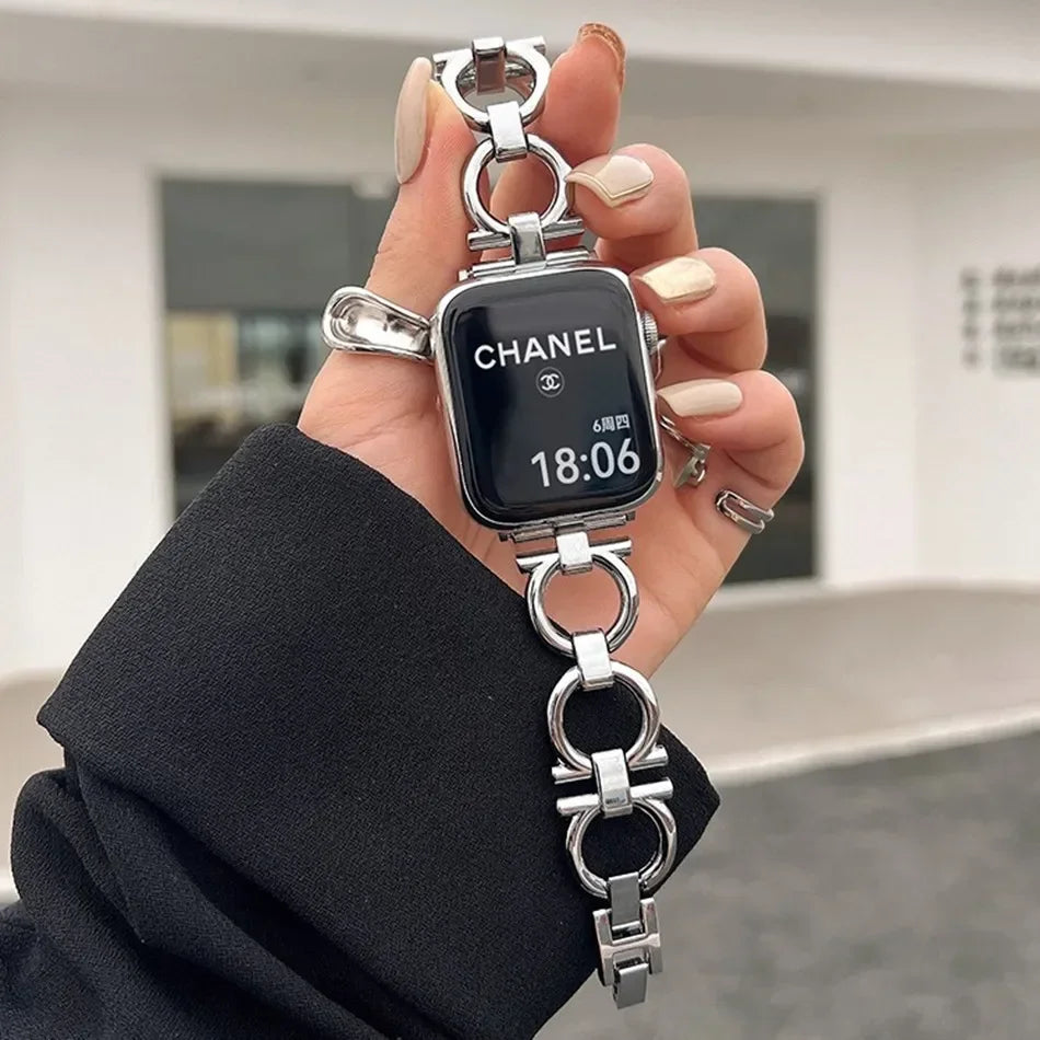 Metal Chain Strap for Apple Watch Series 9 8 7 6 SE 5 3 45/44/42/41mm Fashion Round Loop Bracelet IWatch Ultra 2 49mm 40mm 38mm