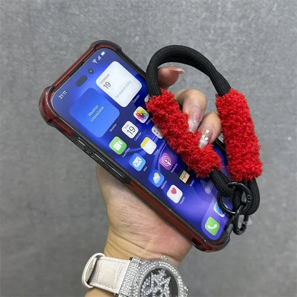 Hybrid Color Transparent Armor Case For iPhone 16 15 14 11 12 13 Pro Max Plus X Xr Xs Plush Wrist Strap Airbag Shockproof Cover