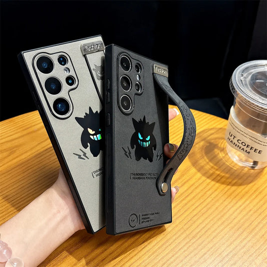 Cartoon Gengar Leather Phone Case with wristband For Samsung Galaxy S25 S24 S23 S22 Ultra Plus Shockproof Cover