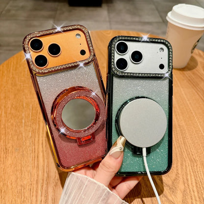 Luxury Diamonds Mirror Bracket Magsafe Case For iPhone Air 17 Pro 16 15 14 13 12 11 Pro Max Plus Gradient Glitter Magnetic Cover