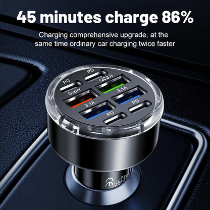 150W 8 Ports Car Charger Fast Charging PD QC3.0 USB C Car Phone Charger Type C Adapter in Car For iPhone Samsung Huawei Xiaomi