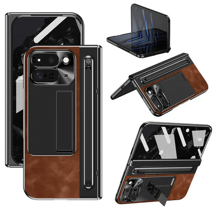 Folding Screen Luxury Retro Leather Phone Case For Google Pixel 9pro Tempered Glass Front Film Pen Slot Phone Cover