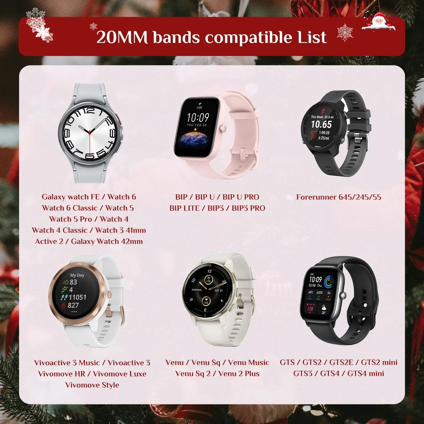 20mm Christmas Nylon Band Compatible For Galaxy Watch 7 6 5 4 FE Band 40mm 44mm 5 Pro 45mm for Galaxy Watch 6 4 Classic 47mm