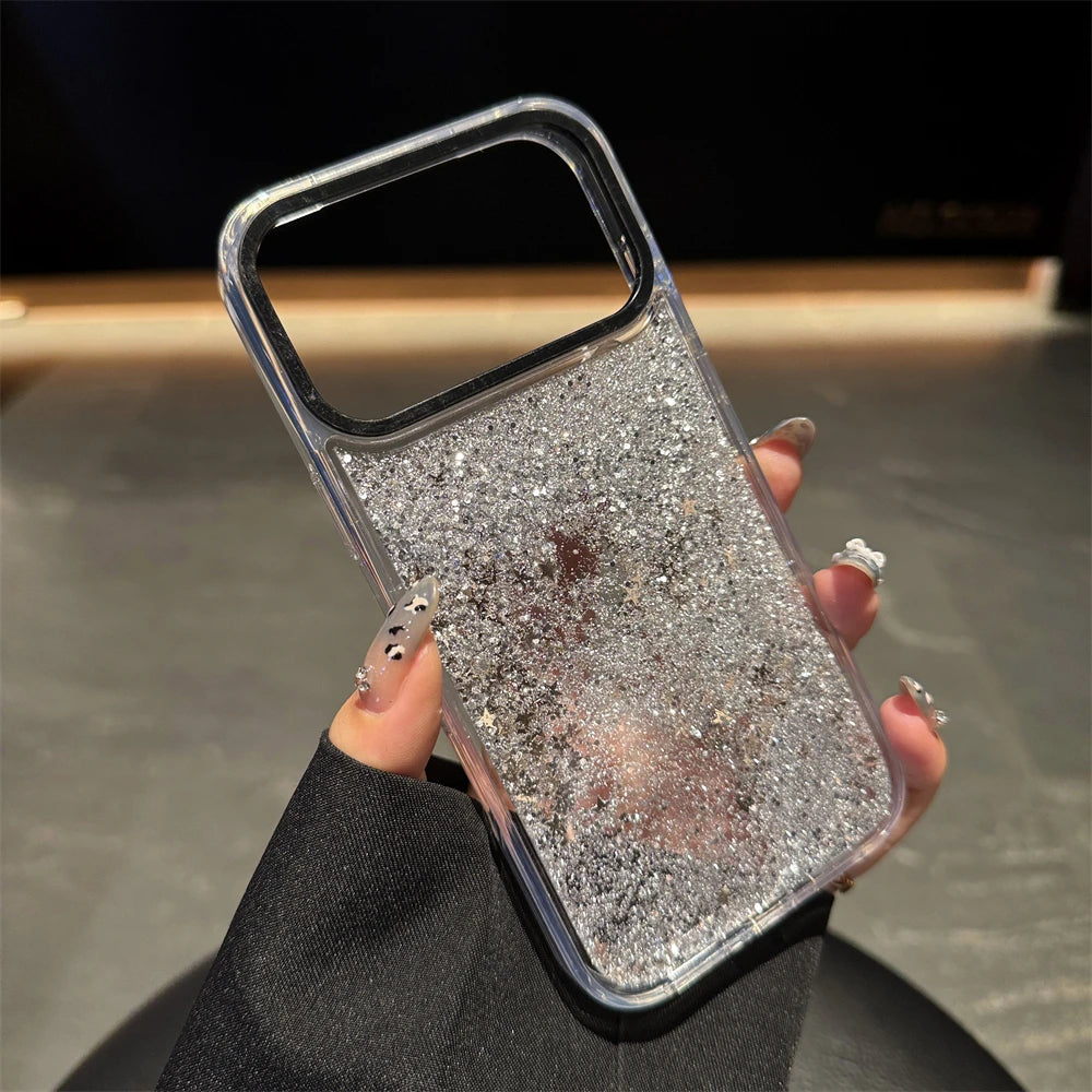 Glitter Quicksand Bling Phone Case for iPhone 17 Air 16 15 14 13 Pro Max Plus Shockproof Camera Bumper Shiny Silver Back Cover
