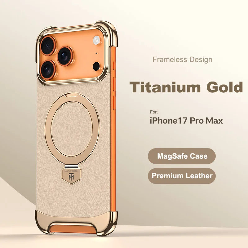 Luxury Leather Ultra Thin Frameless Magnetic Case For iPhone 17 16 15 14 13 Pro Max 17Air 17Pro Metal Bracket Anti-Drop Bumper