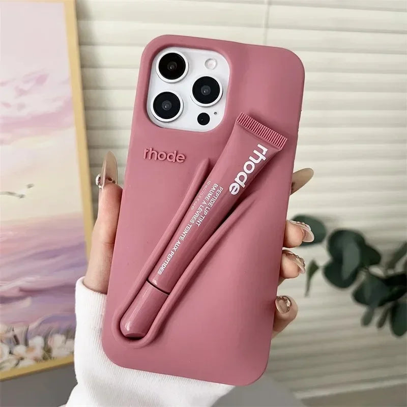 Fashion Lip Gloss Portable Silicone Shockproof Phone Case with Lipstick Suitable for IPhone 11 12 13 14 15 16 17 Pro Max Plus